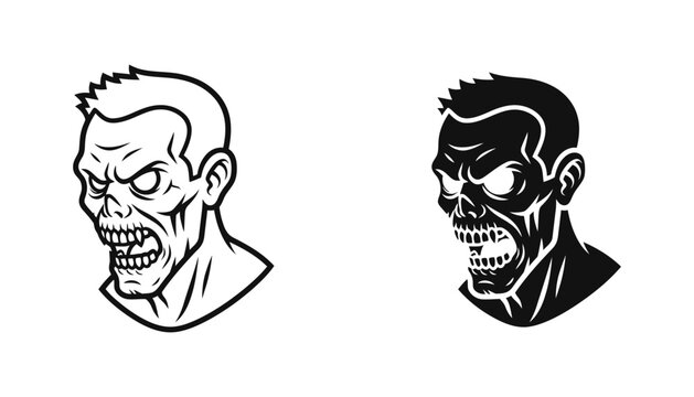 Angry zombie head character mascot logo in bold flat black and white vector illustration