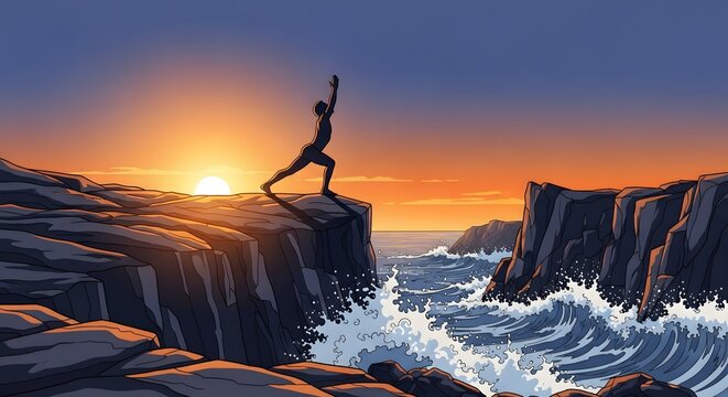 Yoga practitioner maintains a balanced pose on a rocky cliff edge overlooking the ocean at sunset.
