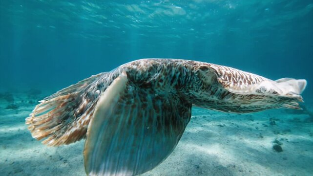 コウイカ全身・浅礁ワイドショット・日光差込む青い海・側面ドリー追跡映像