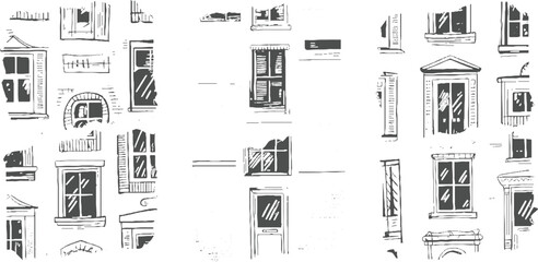 Collection of hand drawn architectural window and door in dark gray and white architecture building facade © Vector point