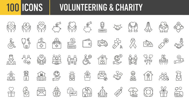 A comprehensive collection of outline vector icons depicting various aspects of volunteering, charity, and social support initiatives for modern digital design projects