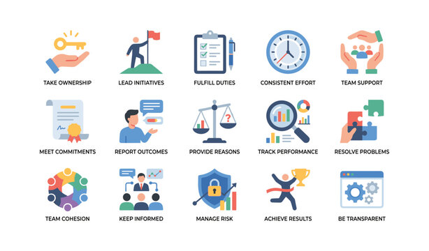 Teamwork and responsibility icons showing labeled actions on white