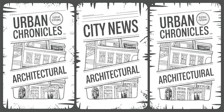 Three hand drawn newspaper style posters featuring urban architecture and text chronicles architectural