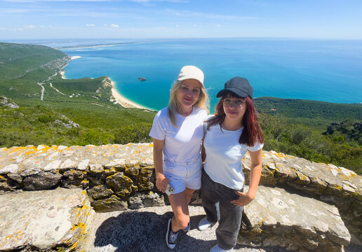 Panoramic aerial view of Arrabida beach. Rocky seascape. Creiro beach. Setubal region, Atlantic Ocean, Portugal