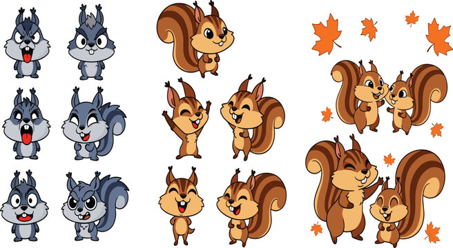 Cute Cartoon Squirrel Character Collection &mdash; Gray and Brown Squirrels in Multiple Poses with Autumn Leaves Kids Illustration