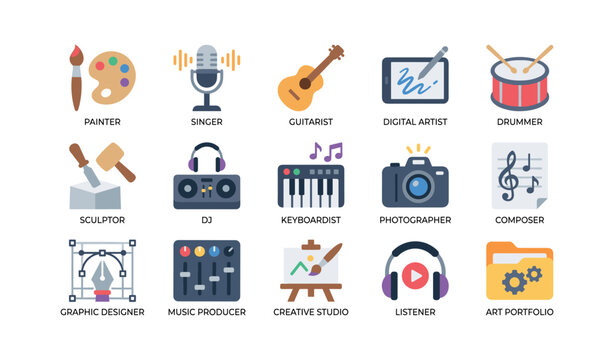Creative profession icons showing artists and musicians on white