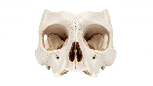 Close-up of a light beige animal skull with dark eye sockets and nasal cavity isolated on a transparent background