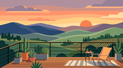 Fototapeta premium A serene landscape view of rolling hills and mountains at sunset from a deck with plants and furniture.