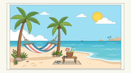 Obraz premium A serene beach scene with palm trees, hammock, and sun shining brightly in the clear blue sky.