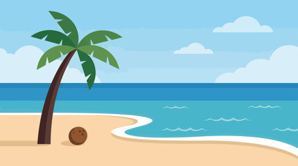 Obraz premium A serene beach scene with a palm tree coconut ocean waves on sandy shore
