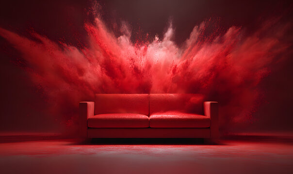 red sofa on a black background