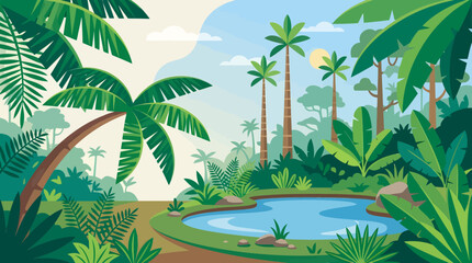 Fototapeta premium A serene tropical landscape scene featuring a tranquil pond surrounded by lush greenery and palm trees in a sunny natural setting.