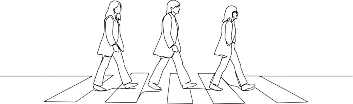 Three figures walking across a road crossing, minimalist line art, iconic silhouette, music reference, Abbey Road inspired, simple urban scene, pedestrians crossing street.