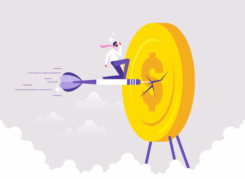 Investment success and business achievement concept, businessman riding on darts and hitting a dollar coin target at the bullseye, financial goals