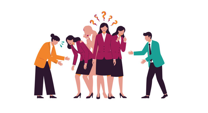 Confused business people, puzzled office workers, questioning employees, team uncertainty, workplace dilemma