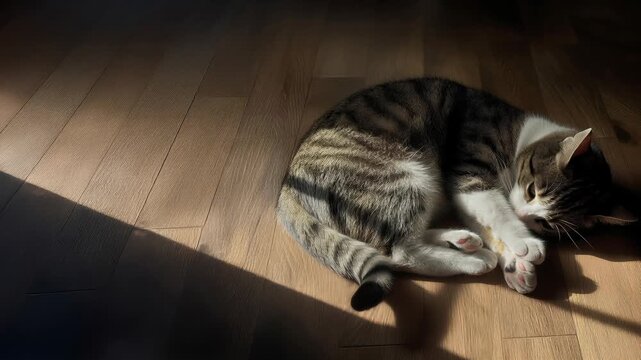 Tabby cat resting on wooden floor in sunlight. Domestic pet curled up in patch of window light. Relaxed feline sleeping at home. Simple daily life of animal.