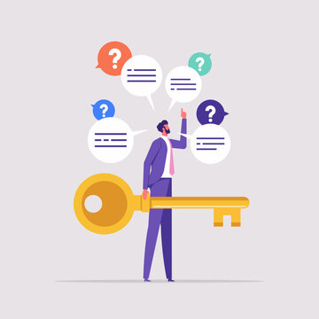 Key to unlock answer for problem and questions concept, solution or reason to solve problem, businesswoman holding golden key and offer solution for question marks