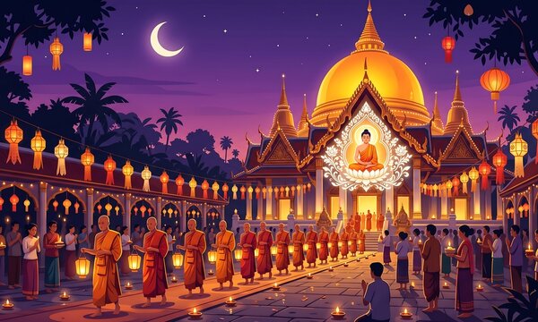 illuminated buddhist temple festival at dusk with lanterns and worshippers in traditional attire