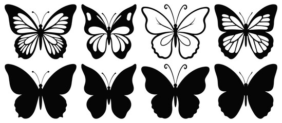 Butterfly Silhouettes and Outline Designs Set, Vector Illustration Isolated on Transparent Background