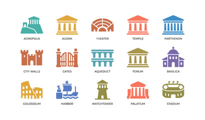 Naklejka premium Ancient architecture icons of classical sites on white background