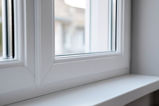 Detailed close-up of a modern white uPVC window frame. New double glazed plastic window and windowsill in a contemporary home interior