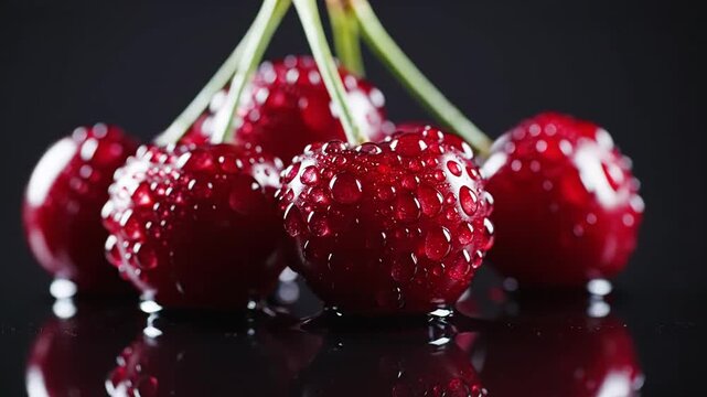 Macro shot of fresh ripe cherries with water droplets on a reflective dark surface