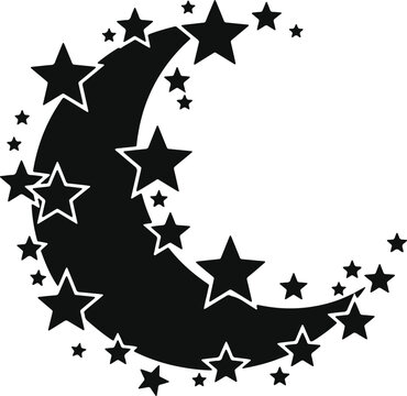 Crescent moon with many stars scattered around representing night sky and celestial bodies, space background.