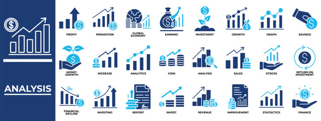 Analysis icon set collection. Containing sales, value, increase, profit, improvement, report, diagram .Solid vector icons collection © fa4421747