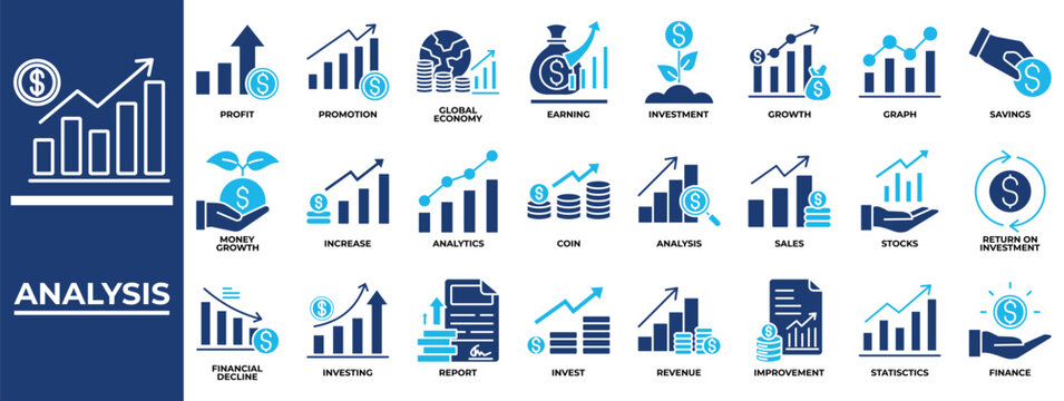 Analysis icon set collection. Containing sales, value, increase, profit, improvement, report, diagram .Solid vector icons collection
