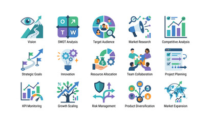 Fototapeta premium Business strategy icons showing planning and analysis on white