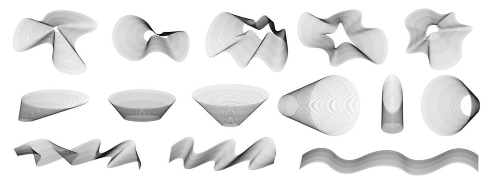 Set of abstract wavy line shapes in black, featuring flowing geometric forms and dynamic curves. Minimal vector design ideal for backgrounds, branding, and modern compositions
