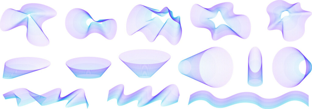 Collection of abstract gradient wavy line shapes with smooth flowing curves and geometric forms. Modern holographic style perfect for backgrounds, branding, posters, and digital design compositions