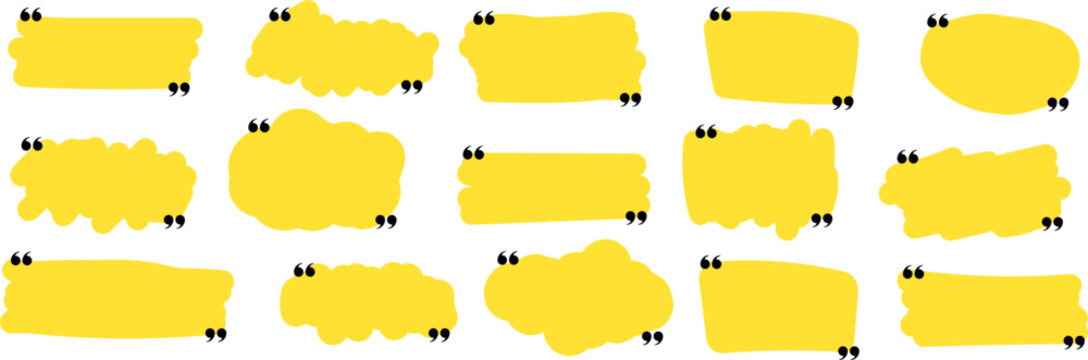 Set of yellow hand drawn quote boxes with black quotation marks, featuring brush stroke shapes and organic forms. Perfect for text highlights, social media posts, stickers, and design layouts