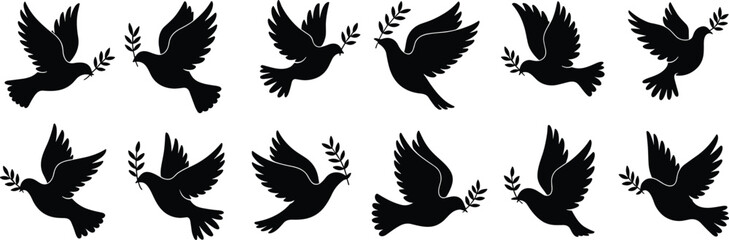 Fototapeta premium dove silhouettes set with olive branch, peace symbol birds vector illustration, flying pigeon icons, isolated on white background, minimal design