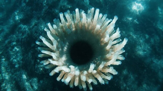 サンゴポリプの真上マクロ・口盤の花形・熱帯の自然光・ズームアウト