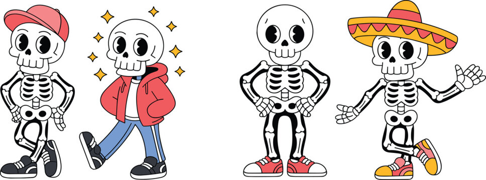 cute cartoon skeleton characters set, funny halloween vector illustration, kids style design with outfits, isolated on white background collection