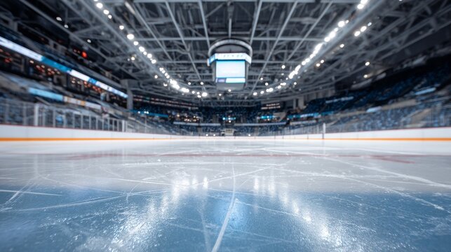 Ice rink perspective with bright arena lights in a modern hockey stadium.
