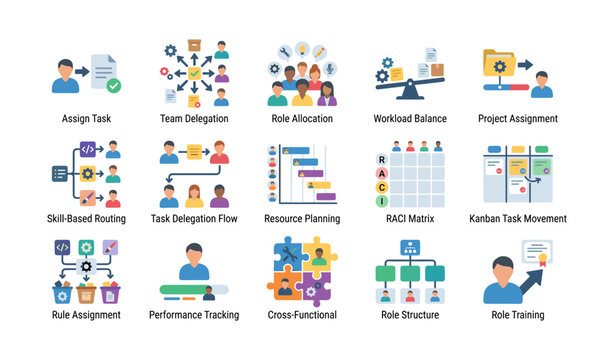 Workflow and task assignment icons arranged in white grid