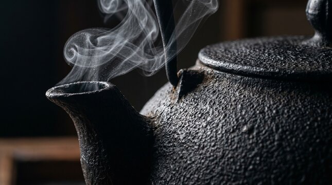 日本の伝統工芸、南部鉄器の鉄瓶から立ち昇る繊細な湯気。和の静寂と温もりを感じさせるお茶の道具のクローズアップ広告用ストックフォト素材