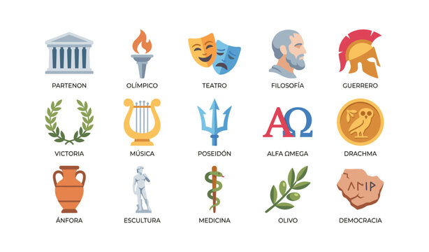 Ancient greek symbols and icons representing classical culture