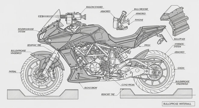 Detailed Technical Drawing of a Motorcycle Engine and Chassis.