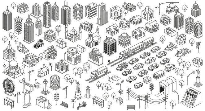 Collection of Isometric City Buildings and Vehicles Hand Drawn Style.