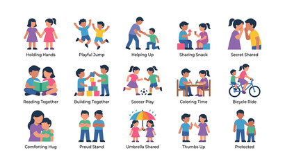 Fototapeta premium Icons depicting children interacting in caring activities on white