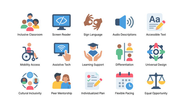 Accessibility and inclusion icons arranged on white background