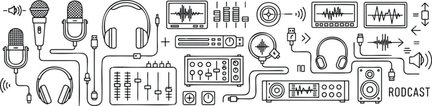Audio broadcast studio equipment horizontal composition with microphones headphones mixer speakers and sound wave technology outline vector illustration