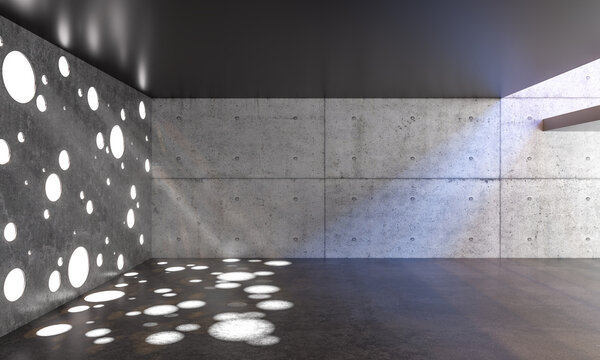 Empty concrete room featuring abstract light patterns 3d