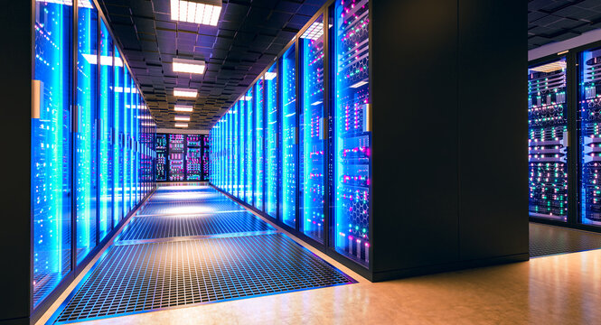Data center server racks storing big data processing 3d
