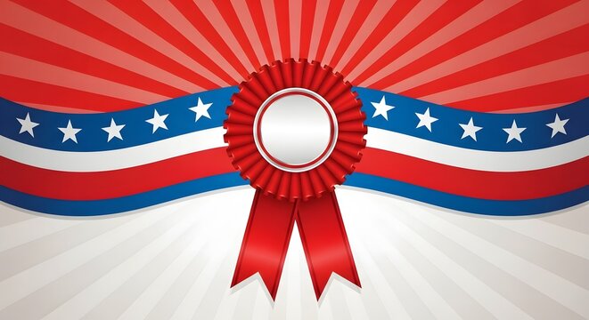 Patriotic red white and blue rosette award ribbon with stars