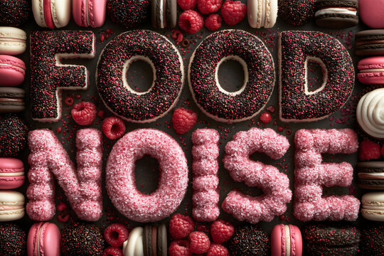 Food noise concept, cravings, diet culture and obsessive thoughts about temptation spelled in donuts and sugar letters.
