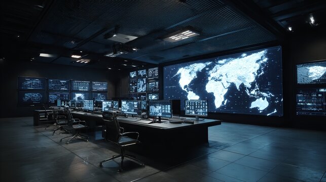 Digital world map in a futuristic control room technology concept